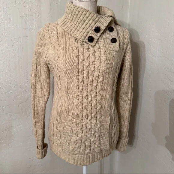 Vintage By Pops Women's Ivory Wool Cable Knit Button Up Collar Pull Over Sweater - Picture 1 of 14